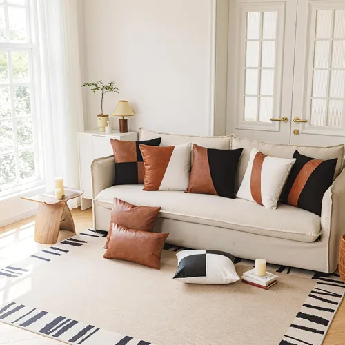 Vista 9 de Juego de 2 fundas de almohada de 20x20 pulgadas de cuero sintético blanco y marrón, almohadas decorativas de algodón estilo boho moderno para sofá