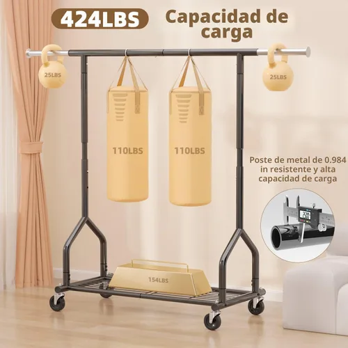 Vista 2 de EAGMAK Perchero de ropa resistente con capacidad de carga de 192 kg, perchero enrollable con estantes, colgador de ropa ajustable de metal