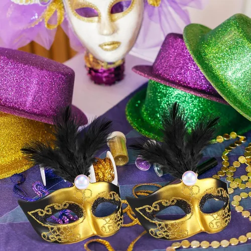 Vista 6 de Charniol 24 Pcs Pink Mini Masquerade Masks Venetian Cake Toppers Negro