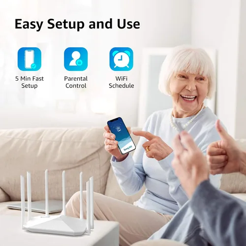Vista 5 de Enrutador WiFi Gigabit, enrutador inalámbrico inteligente de doble banda, Speedefy AC2100 4x4 MU-MIMO y 7 antenas externas para señal fuerte y alta