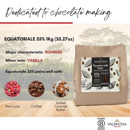 Vista 2 de Valrhona Discos de chocolate negro para hornear francés prémium (cinco). EQUATORIALE 55% de cacao. Fácil de derretir y templar. Cremosos