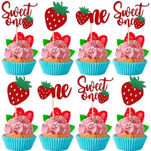 Vista 25 de 24 piezas de adornos para cupcakes de fresa, purpurina roja, temas de frutas, bayas y fresas, para verano, dulces, baby shower, fiesta