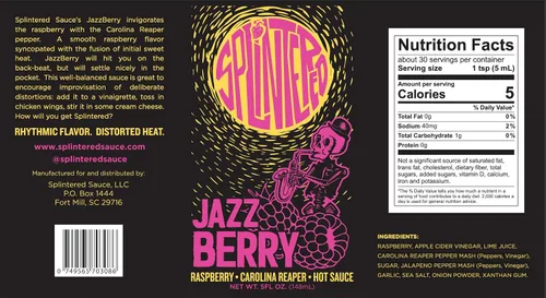 Vista 2 de Splintered Sauce Salsa picante JazzBerry - Frambuesa dulce y Carolina Reaper - Salsa picante a base de frutas galardonada - Sabor rítmico. Calor