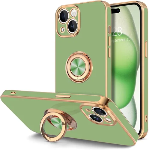 Vista 27 de Hython Funda para iPhone 15 con Soporte de Anillo, Soporte de Anillo Giratorio de 360° Soporte Magnético, Borde Chapado en Oro Rosa Cubierta Suave