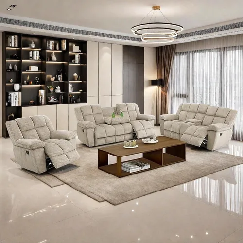 Vista 8 de Juego de sofá reclinable manual de pana extragrande para sala de estar, juego de sofá de pana con mesa desplegable y portavasos para Beige