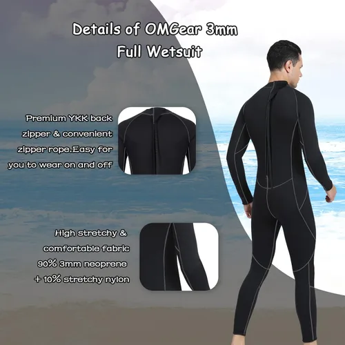 Vista 3 de OMGear Traje de neopreno para hombres y mujeres, 0.118 in, cuerpo completo, protección UV, una pieza, manga larga, trajes de buceo, traje de baño