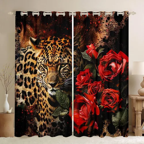 Vista 12 de Feelyou Cortinas opacas con estampado de leopardo para dormitorio, sala de estar, safari, cortinas de oscurecimiento de habitación con purpurina