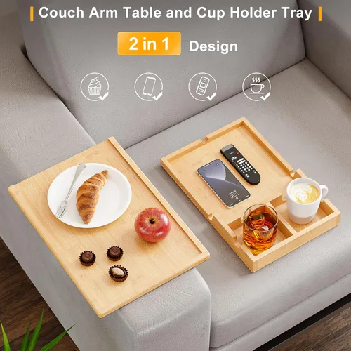 Vista 3 de Bestjing Bandeja de bambú para portavasos de sofá – 2 en 1 con soporte doble desmontable Be Slide-Away – Sofá sillón Caddy para beber aperitivos