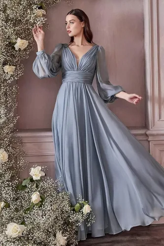 Vista 2 de Vestidos de fiesta de gasa de manga larga con cuello en V, vestido de fiesta de noche fruncido, vestido largo bohemio de boda para novia