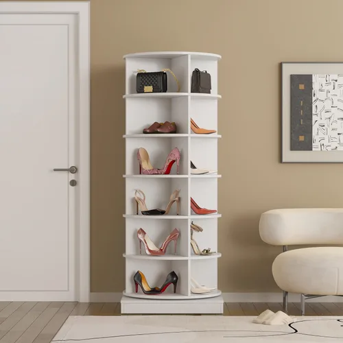 Vista 4 de HomVent Zapatero giratorio, torre giratoria de madera de 6 niveles, organizador de zapatos giratorio de 360°, estante de almacenamiento de zapatos