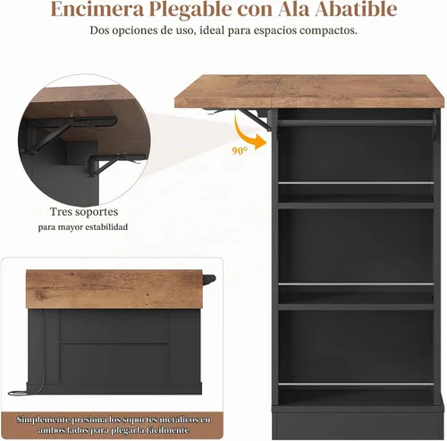 Vista 3 de Keyluv Isla de almacenamiento de cocina con 2 taburetes, carrito de cocina móvil de 51 pulgadas con hoja de caída y toma de corriente, mesa de isla