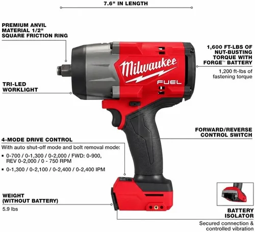 Vista 6 de Milwaukee Electric - M18 Fuel 1/2 Pulgadas de Alto Torque Llave de Impacto con Fricción