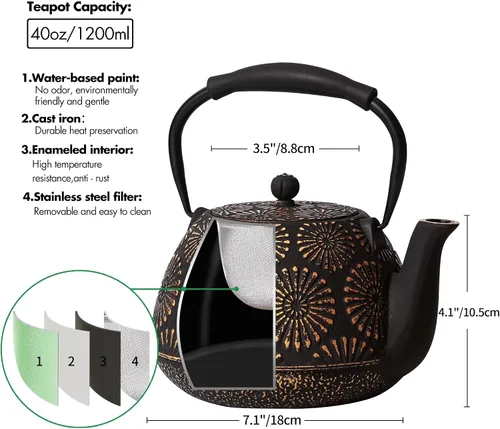 Vista 5 de Tetera de hierro fundido, hervidor de té de 40 onzas con infusor para estufa, diseño Sakura, tetera japonesa para hojas sueltas con interior Negro