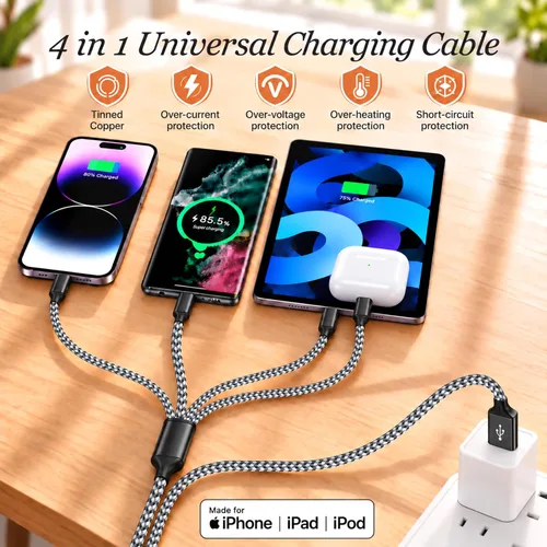Vista 5 de Doub Tyep-C 4 en 1 cable de carga múltiple de 4 pies, cable de carga de nailon trenzado Lightning para iPhone, cable de carga universal con tipo C