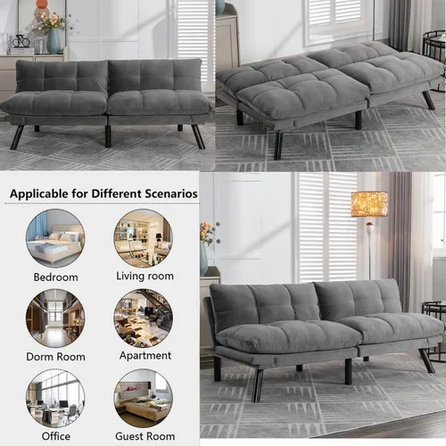 Vista 5 de Sofá cama futón, sofá futón plegable convertible, sofá pequeño transpirable para estudio compacto en sala de estar y dormitorio, oficinas, sofá Gris