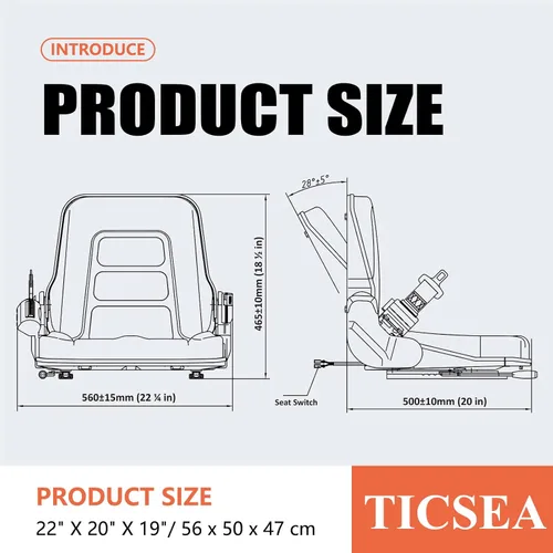Vista 8 de Asiento universal de carretilla elevadora, asiento de tractor con cinturón de seguridad, respaldo ajustable e interruptor de posición del operador