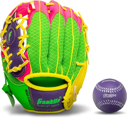 Vista 9 de Franklin Sports Guantes Meshtek + pelota para niños Azul marino/Lima/Naranja