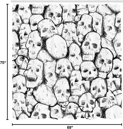 Vista 5 de Ambesonne Cortina de ducha de calavera, motivos de cabeza unida, fósiles espeluznantes abigarrados, impresión de ilustraciones oscuras y esbozadas