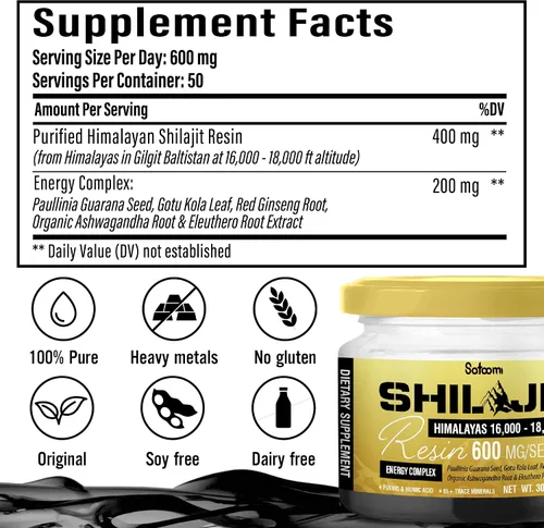 Vista 6 de Satoomi Shilajit - Resina orgánica del Himalaya - Suplemento Shilajit de 1.06 oz con más de 85 minerales traza, Paullinia Guaraná, Gotu Kola y más