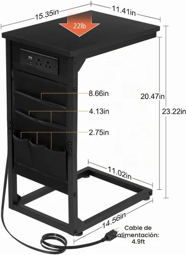 Vista 3 de AMHANCIBLE - Mesa auxiliar en forma de C con estación de carga, juego de bandeja para TV de 2 piezas, mesas de sofá con bolsa de almacenamiento
