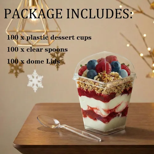 Vista 4 de Hiasobre Paquete de 100 vasos de postre de plástico transparente de 5 onzas con tapas y cucharas, tazas cuadradas reutilizables para aperitivos