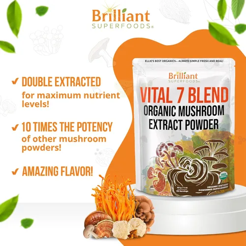 Vista 2 de Ellie's Best Suplemento orgánico de mezcla de extracto de polvo de 7 hongos, 114 porciones Cordyceps de doble extracción de alta potencia, Reishi