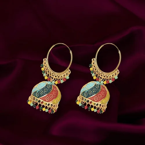 Vista 3 de Nilu's Collection Mujer étnica desgaste multicolor Jhumka Fiesta Festival, Función, Festival Wear Aleación Jhumki Pendiente, Mediano, Oro