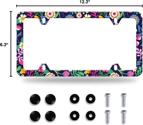 Vista 8 de Marco de matrícula de flores coloridas, bonito accesorio floral para automóvil, de acero inoxidable, personalizable, hermosa placa de matrícula