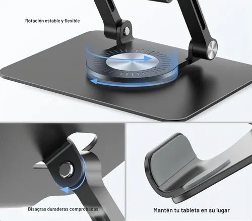 Vista 7 de Orlian Soporte para tablet con base giratoria de 360°, soporte ajustable de aluminio para tableta de doble varilla para escritorio, compatible