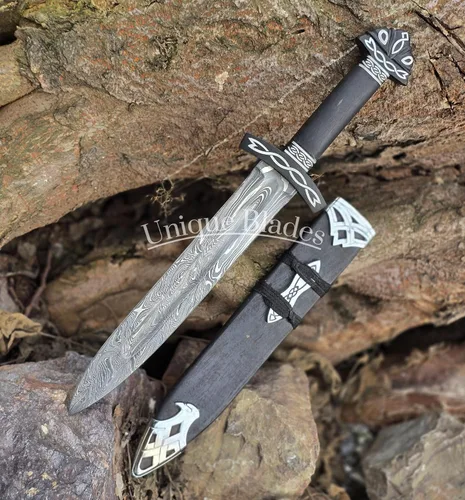 Vista 7 de Espada de daga vikinga, acero de Damasco de 16 pulgadas, espada corta de doble filo de espiga completa con mango de madera y vaina