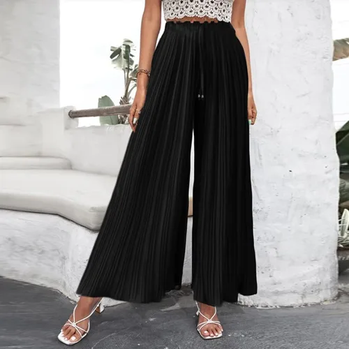 Vista 4 de YOLAI Pantalones palazzo de pierna ancha para mujer, pantalones casuales de cintura alta, plisados, holgados, con cordón