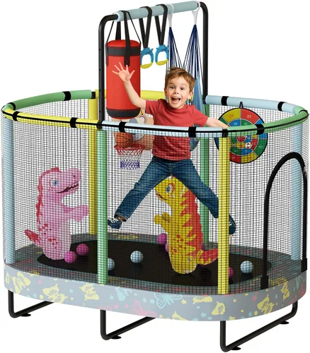 Vista 12 de LAMERGE Trampolín redondo 7 en 1 de 55 pulgadas para niños y niñas de 1 a 8 años, trampolín para interiores y exteriores para diversión, barandilla