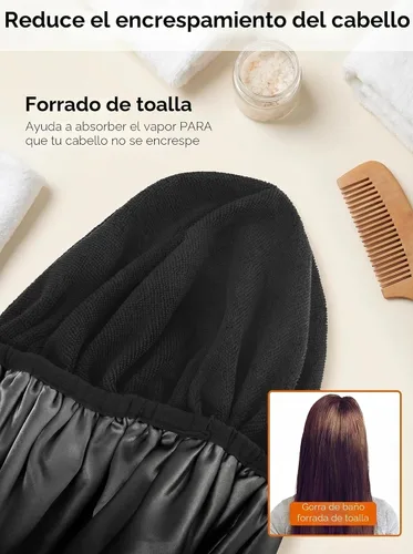 Vista 4 de Aquior Gorro de ducha con forro de rizo para mujer, reutilizable, triple capa impermeable, extra grande para mujeres de pelo largo (negro)