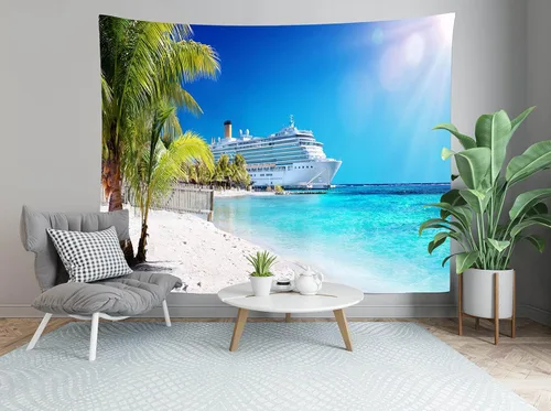 Vista 3 de Loccor Tapiz de crucero con diseño de palmera del mar caribeño, coral, playa, tapiz para colgar en la pared, isla tropical, sol, verano, vacaciones