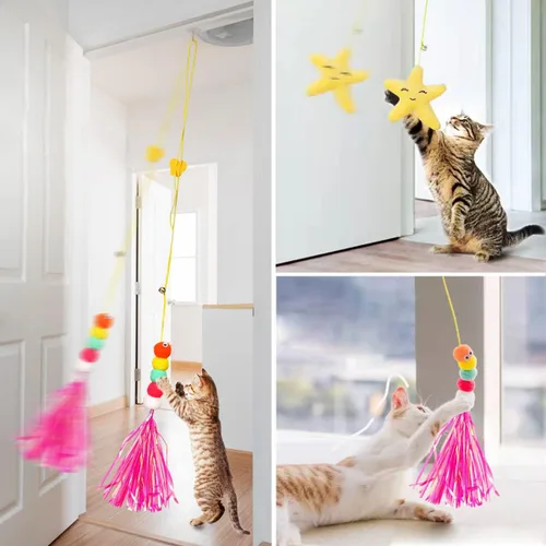 Vista 3 de Juguetes de ratones para gatos de interior – Paquete de 3 juguetes para gatos colgantes con borla – Juguete retráctil para gatos con cuerda, ratón