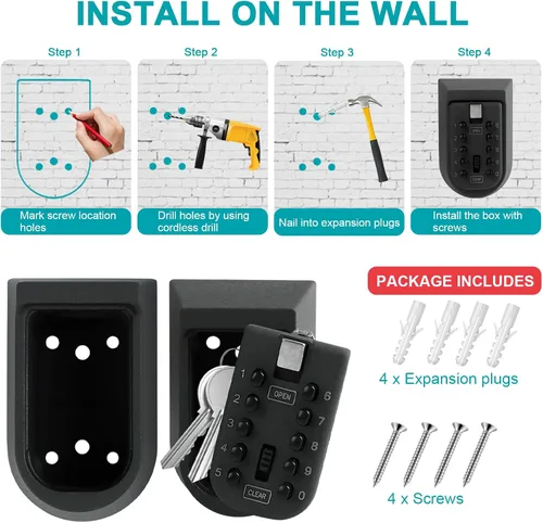 Vista 4 de KAYCROWN Caja de bloqueo de llave para exterior, combinación de montaje en pared, caja de seguridad para llaves de casa, caja de seguridad