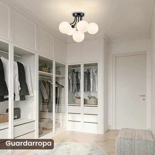 Vista 2 de Lámpara de techo Sputnik negra montaje semiempotrado lámpara de techo de 5 luces con globo blanco lechoso moderna lámpara de araña Sputnik