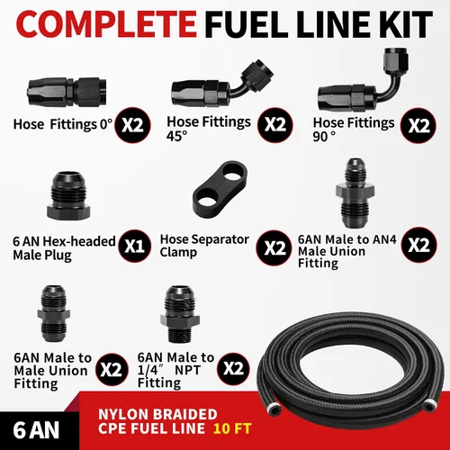 Vista 2 de Kit de línea de combustible 6AN de nailon trenzado CPE de 10 pies con accesorios de extremo de manguera AN6, negro