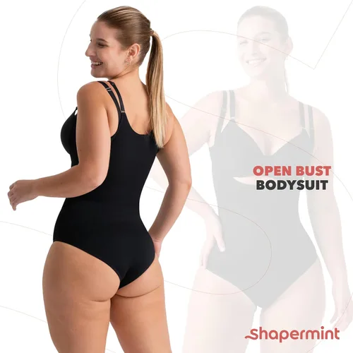 Vista 4 de SHAPERMINT Body de brasier abierto con braga de pierna corta, abdomen sin costuras, compresión lateral y trasera