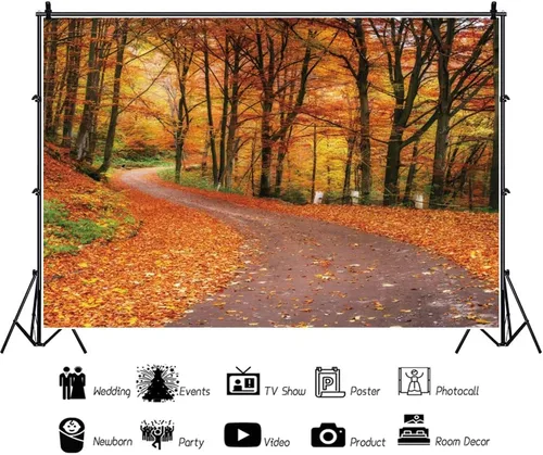 Vista 3 de Laeacco Telón de fondo de bosque otoñal de 10 x 8 pies, paisaje de otoño, hojas de arce, carretera, tema de otoño, baby shower, decoración de fiesta