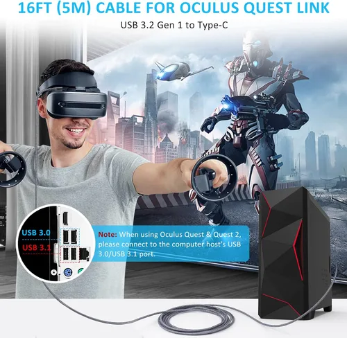 Vista 2 de TOTU Cable para Oculus Quest 2 Link, cable USB 3.2 Gen 1 a tipo C de 16 pies compatible con Steam Deck, transferencia de datos de alta velocidad