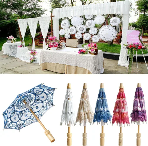 Vista 4 de MEXUD Sombrilla bordada de encaje para decoración de fiesta de boda morado