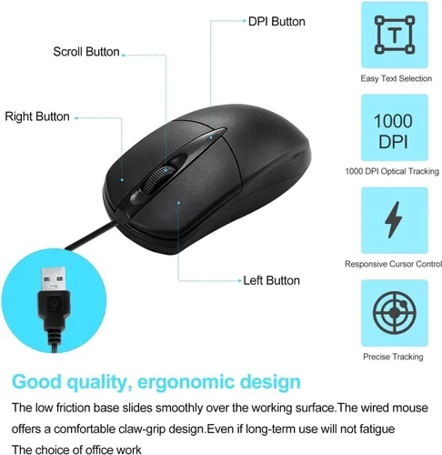 Vista 3 de 60 unidades de mouse USB con cable negro para computadora, a granel, 1000 DPI, 3 botones, con cable con cable con cable para oficina en casa