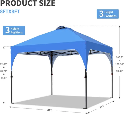 Vista 2 de GDY Tienda de campaña desplegable de 8 x 8 pies, kiosco fácil de instalar, toldo para exteriores con 3 alturas ajustables para eventos, fiestas, Azul