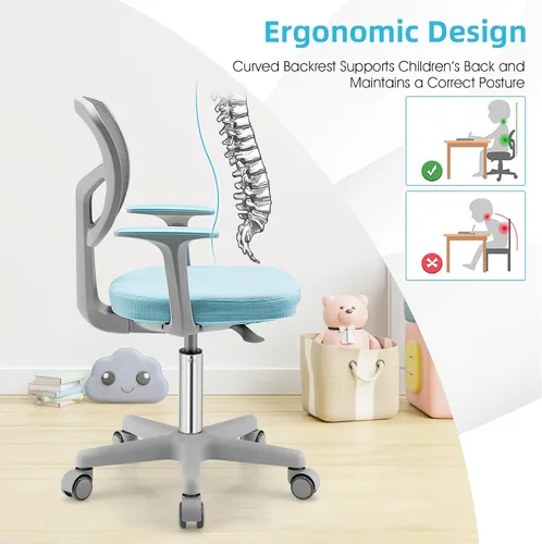 Vista 5 de Silla de escritorio para niños, silla ergonómica giratoria para estudio con soporte lumbar, malla transpirable y ruedas de bloqueo automático, silla