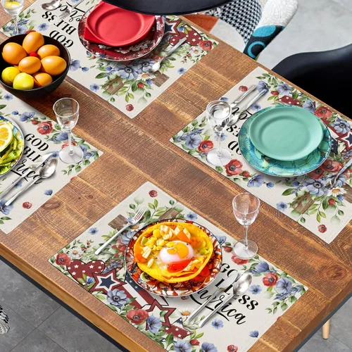 Vista 7 de Juego de 4 manteles individuales del 4 de julio, manteles individuales patrióticos florales con cruces y estrellas del Día de la Independencia y Día