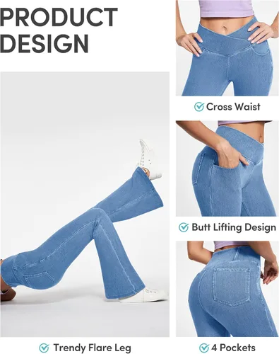 Vista 4 de IUGA Jeans de Cintura Alta Acampanados para Mujeres, Jeans Elásticos Acampanados Pull On de Pierna Ancha, Pantalones Leggings Acampanados con Cruz