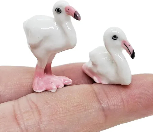 Vista 3 de WitnyStore Pequeña figura de pájaro flamenco de pie rosa y blanco de 1 pulgada de alto, hecha a mano, pájaros de cerámica, animales coloridos