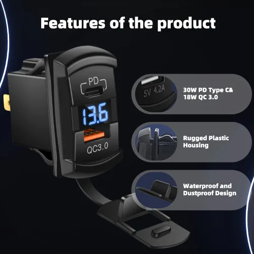 Vista 6 de CNAODUN Interruptor basculante USB con cargador USB C y cubierta impermeable, Dual PD y QC3.0, voltímetro LED azul de 12V/24V para panel