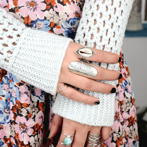 Vista 5 de Boho-Magic Anillo de plata de ley para mujer, joyería larga grabada con dedo completo, Sin gemas.